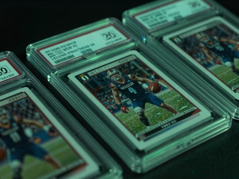Macro close-up of high-end graded sports and TCG card slabs, sharp directional highlights on clean acrylic cases, neon green ambient glow, 35mm lens