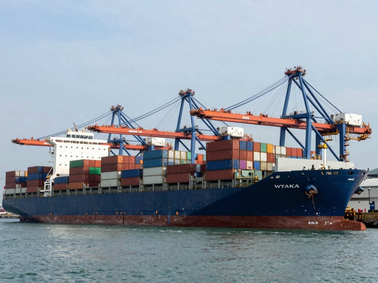 Wide panoramic shot of a modern container terminal and cargo ship at an Indonesian port, clean daylight, structured composition.