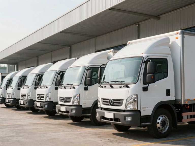 A fleet of clean white delivery trucks lined up at a modern loading dock, bright morning light, professional logistics setting.