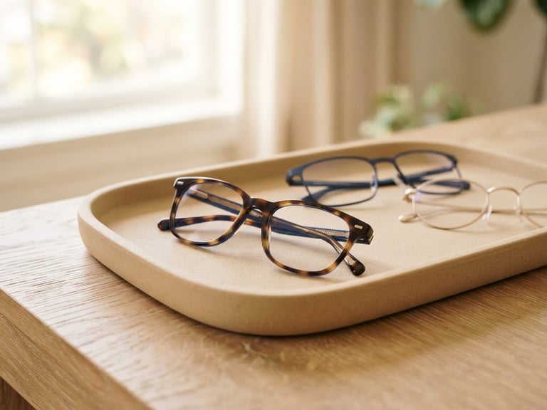 Bright editorial photography of high-quality designer optical frames on a minimalist sand-colored tray, soft window light, shallow depth of field