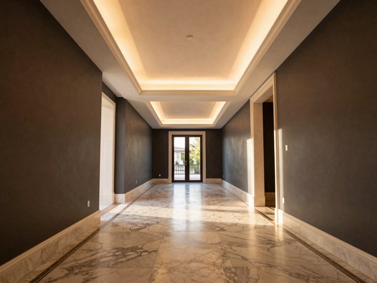 Wide-angle architectural photograph of a completed luxury villa hallway, showing perfect alignment of gypsum ceilings, recessed lighting, and marble flooring.