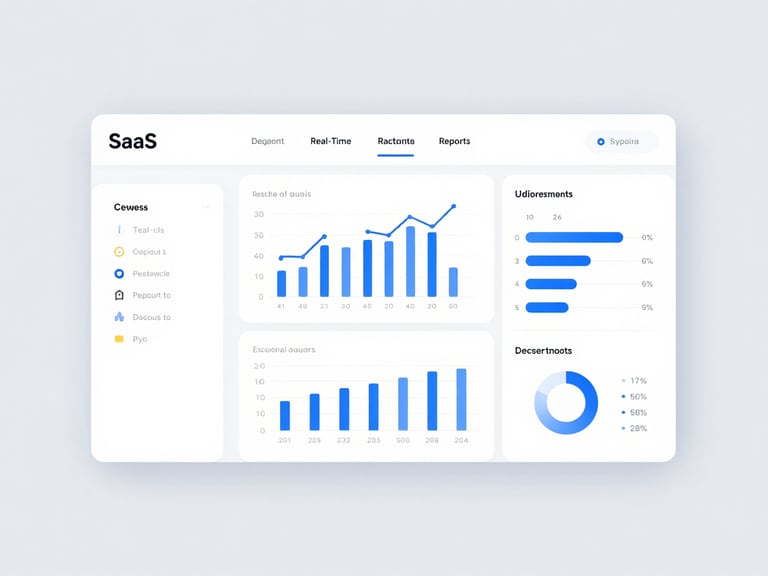 Crisp SaaS dashboard interface displaying real-time analytics and customizable reports, with various charts and graphs, bright studio light, pure white and soft gray tones, sharp focus.