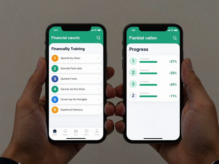 Two smartphones side by side showing different screens of a mobile compliance training app—one displaying a financial literacy quiz module and the other a user progress dashboard with completion percentages—held upright against a neutral background, sharp even studio lighting, no reflections