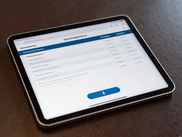 Close-up of a tablet screen displaying a formal compliance report interface with data tables, institution name, training completion percentages and a download button, placed on a dark conference table under even office lighting