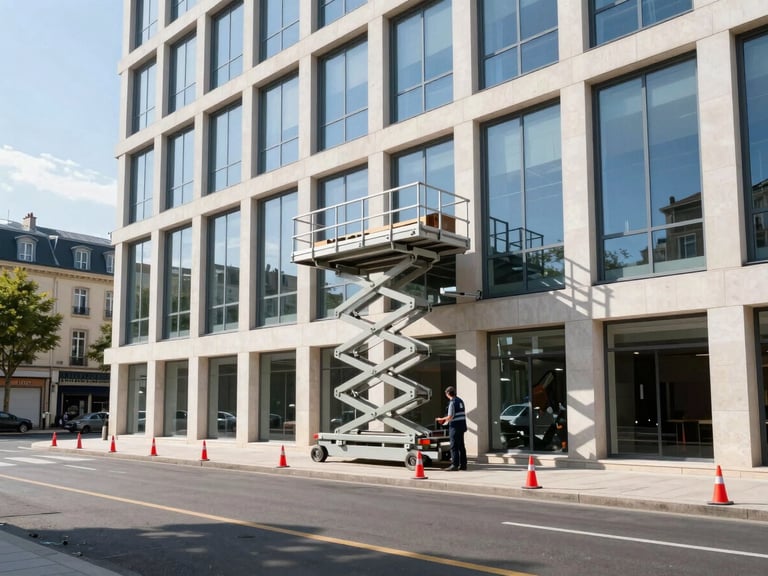 Furniture lift deployed to a high-floor window, with safety cones and clear perimeter markings on the street below, operator supervising, bright daylight, urban French environment. Wide-angle architectural perspective.