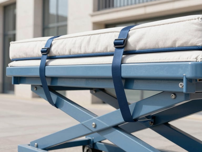 Close-up of heavy furniture securely strapped to a furniture lift platform, showing robust straps and padding, bright daylight, urban French environment. Sharp focus on secure knots.