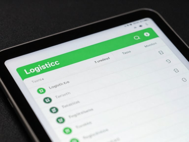 Macro close-up of a rugged Android tablet displaying a logistics task list, clean Material Design 3 interface, low-key studio lighting with subtle green highlights
