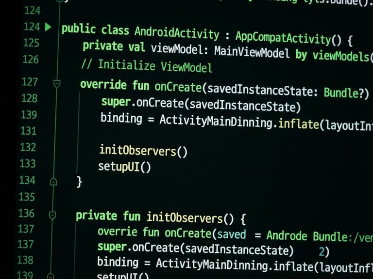 Macro close-up of a modern Android device screen displaying clean code lines in an IDE with electric green syntax highlighting, dark studio background, sharp focus