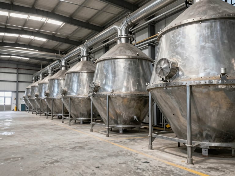 Wide angle shot of a massive modern flour mill interior with stainless steel piping and clean concrete floors, bright industrial daylight