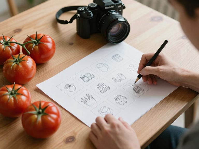 A wide overhead flat-lay of a wooden table in soft Scandinavian daylight, featuring fresh heirloom tomatoes, a camera on a tripod, and hands sketching a social media grid on crisp parchment paper.