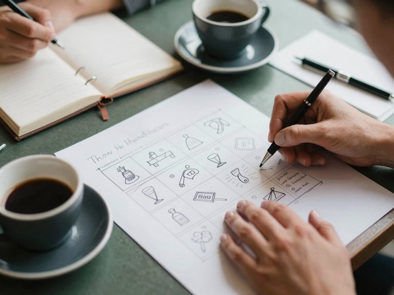 Overhead flat-lay of a creative marketing planning session, hands sketching social grids on parchment paper next to espresso cups, soft Scandinavian daylight, shallow depth of field.