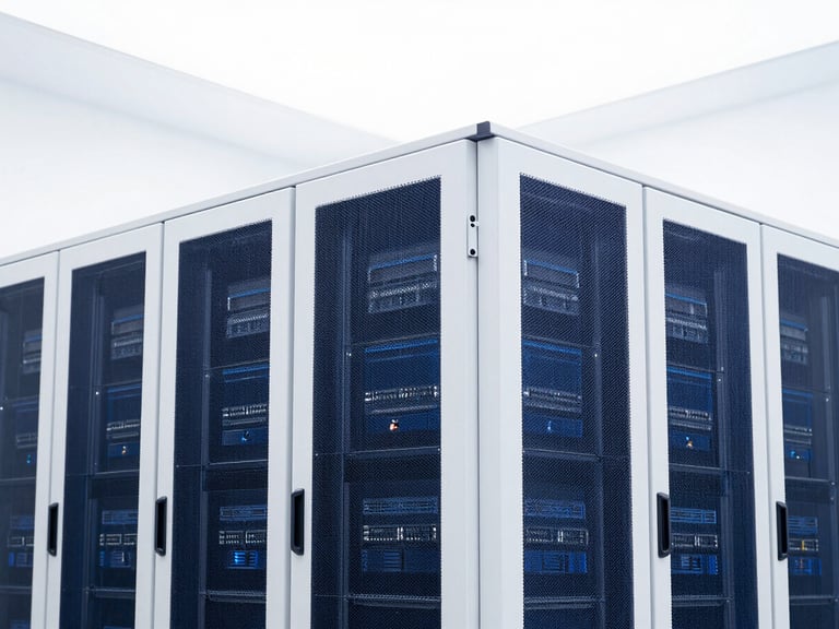 Architectural detail of a modern data center, bright overcast daylight, clean white and deep blue tones, sharp focus, 35mm