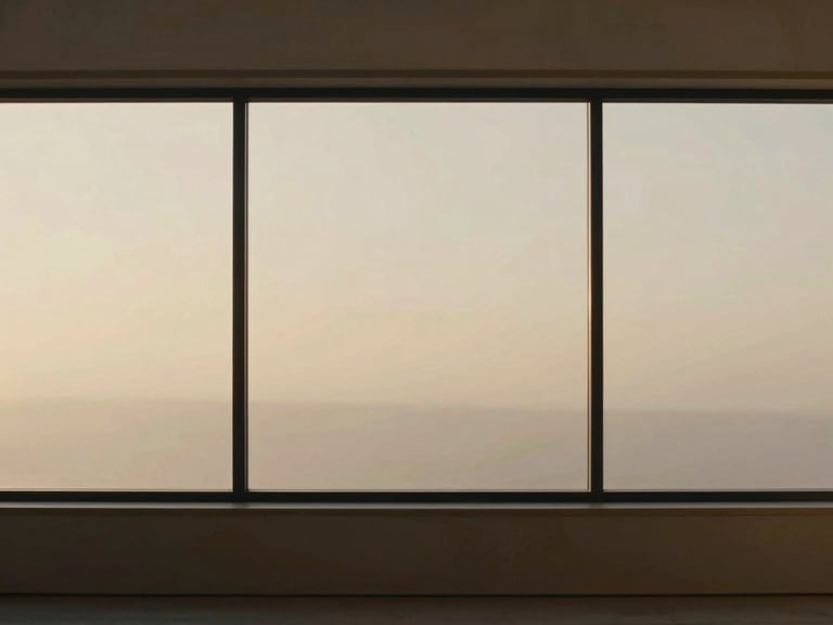Minimalist interior with a subtle digital overlay on a large window, warm golden-hour light, wide cinematic frame.