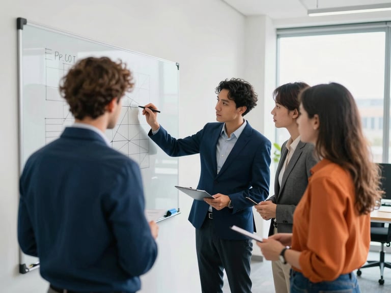 Collaborative team analyzing strategic diagrams on a whiteboard in a modern, sunlit office, focused professionals, deep blue and orange accents.