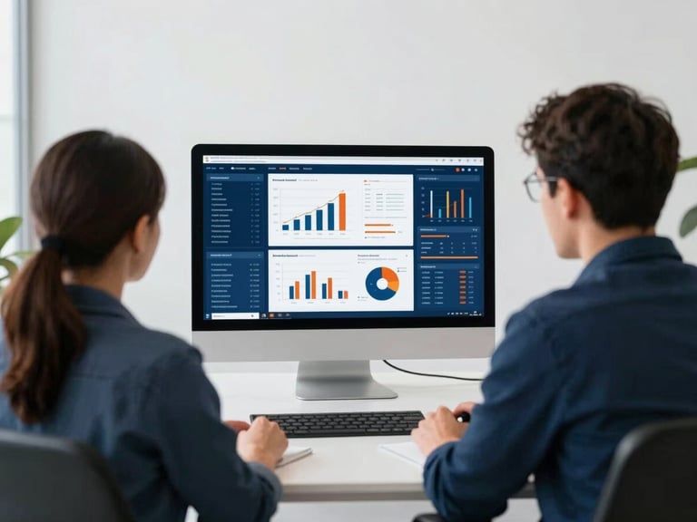Two professionals reviewing a complex data visualization on a large monitor in a clean, minimalist office, deep blue and orange accents.