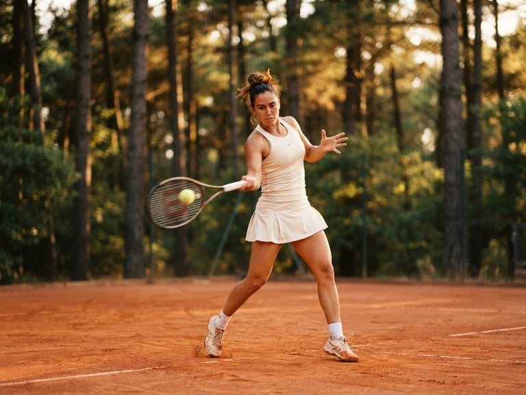 Medium action shot of a tennis player mid-swing on a swept clay court, late-afternoon golden hour light filtering through tall pine trees, 35mm film look.