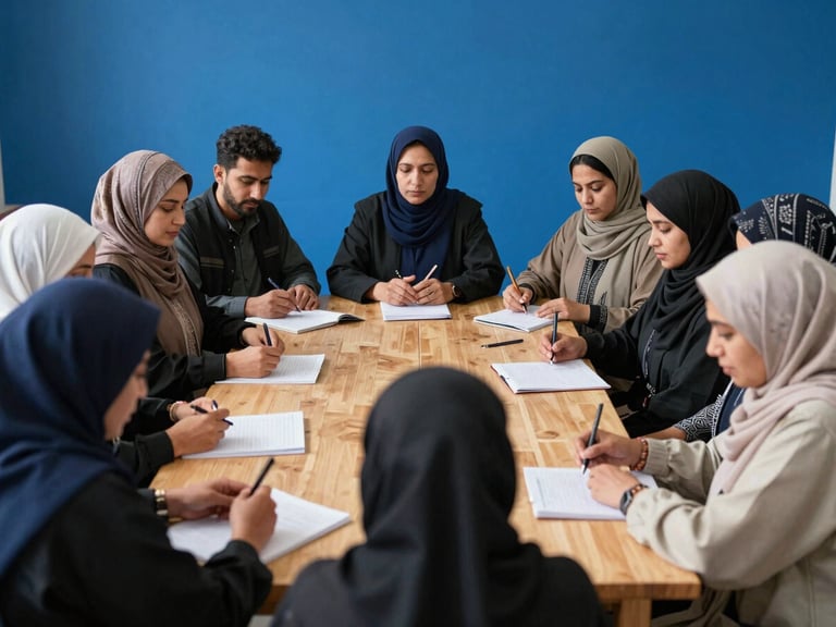 A bright, natural light photograph of a diverse group of Afghan women and men engaged in a structured civic workshop around a wooden table, sharp focus