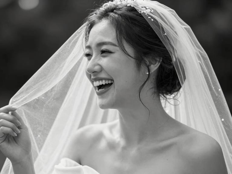 A candid black and white photo of a bride laughing, her veil caught in a gentle breeze, soft motion blur, high fashion editorial style