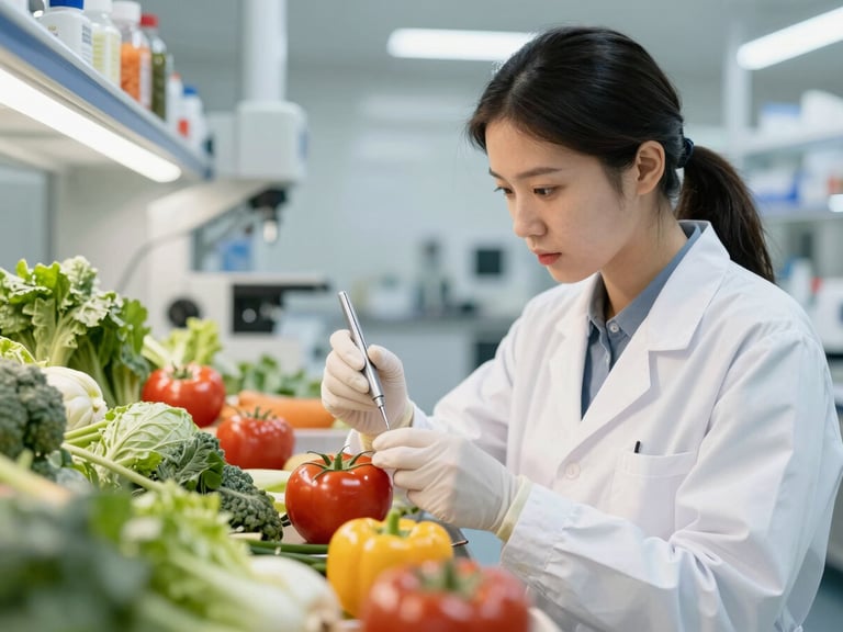 Technician in a clean lab inspecting fresh produce with precision tools, high-key studio lighting, professional setting.