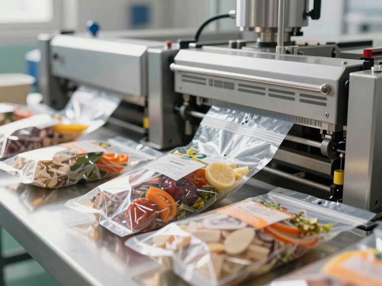 Modern, clean packaging facility with automated machinery sealing processed food pouches. Bright, natural daylight, sharp focus, professional B2B commercial aesthetic.