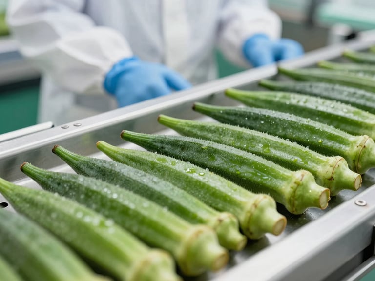 Macro shot of crisp, green okra pods on a hygienic processing line, with workers in background wearing protective gear. High-key studio lighting, sharp focus, professional B2B commercial aesthetic.