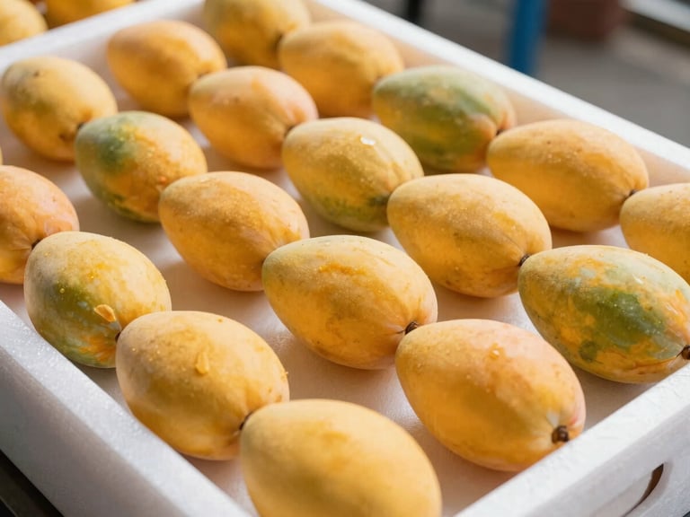 Close-up of vibrant, ripe mangoes on a sorting line, clean and ready for packaging. Bright natural daylight, sharp focus, professional B2B commercial aesthetic.
