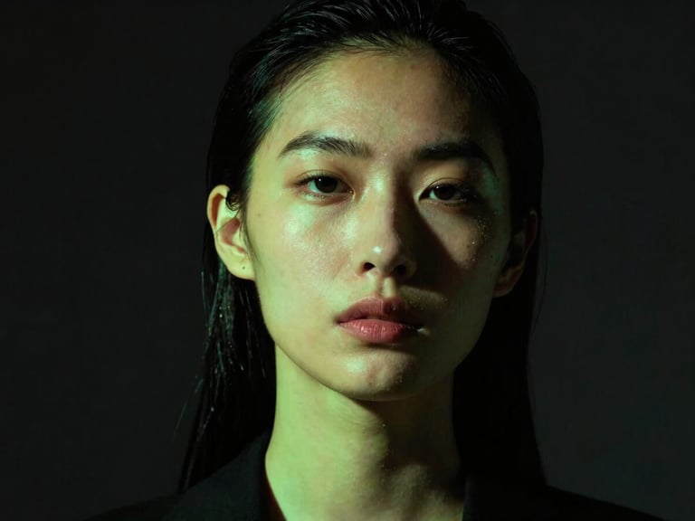 High-fashion model portrait, sharp neon green rim lighting, dark studio background, 85mm lens