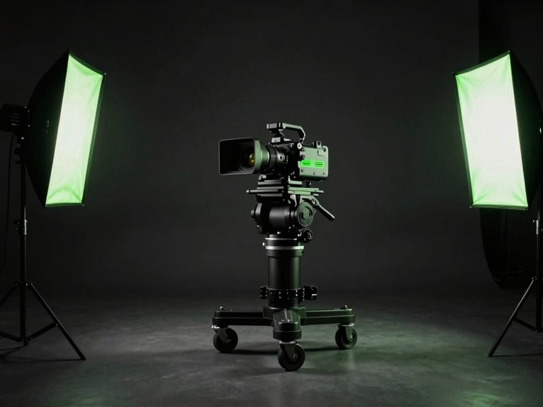 Wide shot of a modern dark studio production set, professional lighting, camera on a dolly, subtle neon green accents