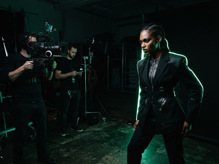 Behind-the-scenes shot of a high-fashion model posing in a dark studio with sharp neon green rim lighting, a camera and crew visible in the background, 85mm lens, high-contrast editorial fashion photography.