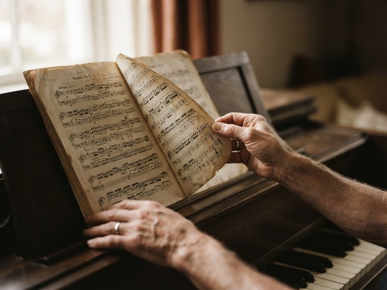 Musician's hands gently turning a page of weathered sheet music under soft window light, rich sepia tones, intimate shallow depth of field, 35mm film