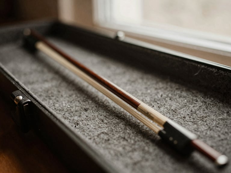 Close-up of a weathered cello bow resting on an open case, with soft natural light filtering in, warm editorial photography, charcoal tones, intimate shallow depth of field.