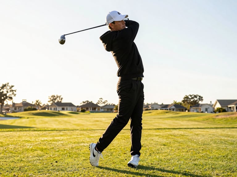 Low-angle candid shot of a stylish golfer in a black hoodie mid-swing on a pristine course, bright golden hour sunlight, high contrast, streetwear aesthetic.