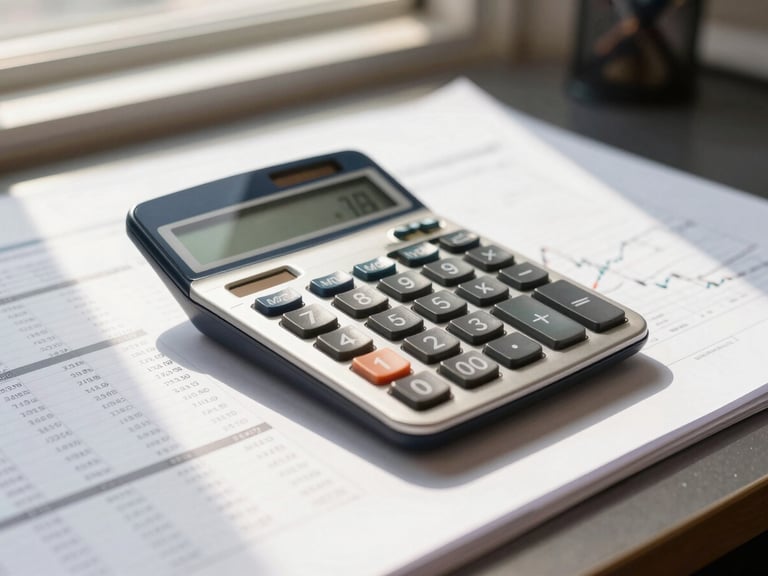 A close-up of financial spreadsheets and a clean modern calculator on a desk, warm morning light, professional setting