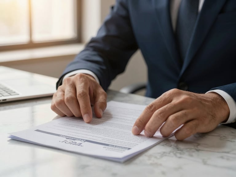 Close-up of professional hands reviewing physical financial reports on a marble desk, warm natural window light, subtle gold and navy tones, shallow depth of field, premium editorial style.