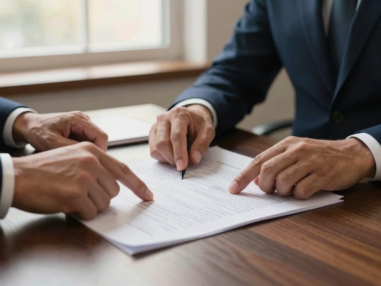Editorial close-up of professional hands reviewing physical financial reports on a dark oak desk, warm natural window light, shallow depth of field, professional corporate setting, 35mm