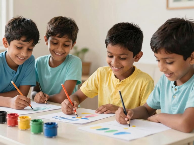 Happy Indian children painting with watercolors at a low table, natural light, focus on happy faces, candid.