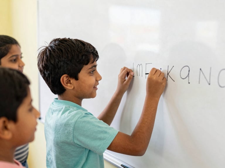 Happy Indian boy tracing letters on a whiteboard with a teacher's gentle guidance, bright classroom, candid.