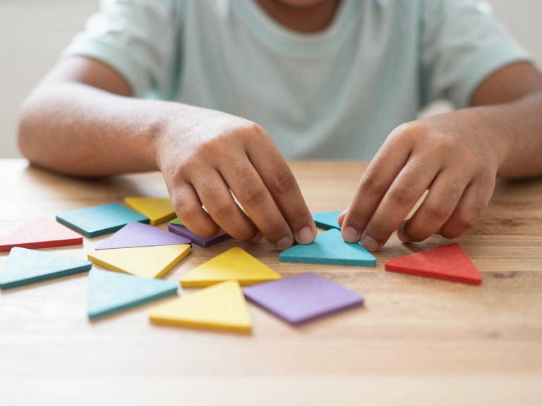 Candid close-up of an Indian child's hands sorting colorful geometric shapes on a wooden table, bright natural light, soft focus.
