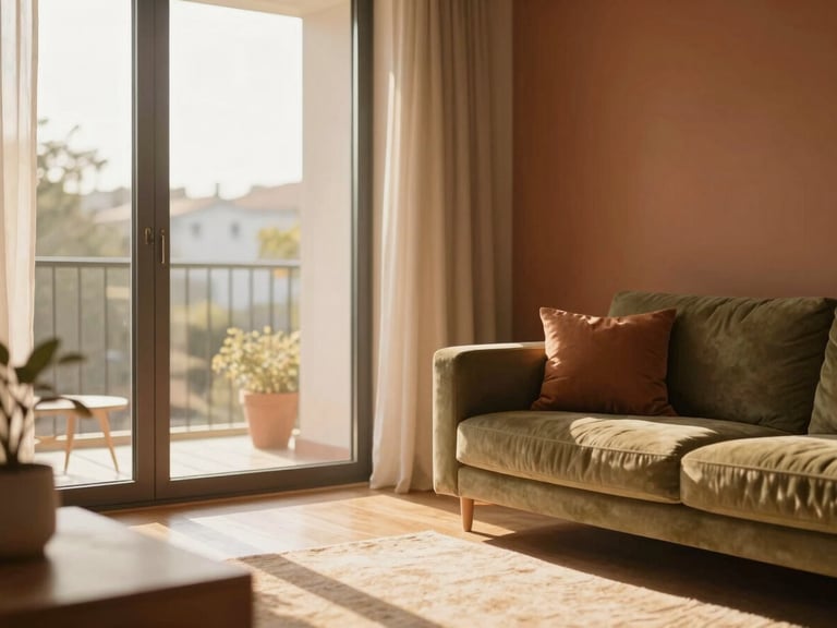 Warm editorial photography of a cozy apartment living room, terracotta accents, large window with soft afternoon sun casting long shadows, 35mm style