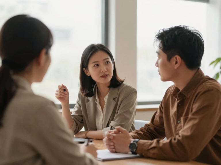 Two professionals in a bright meeting room discussing strategy with natural window light, warm tones, shallow depth of field