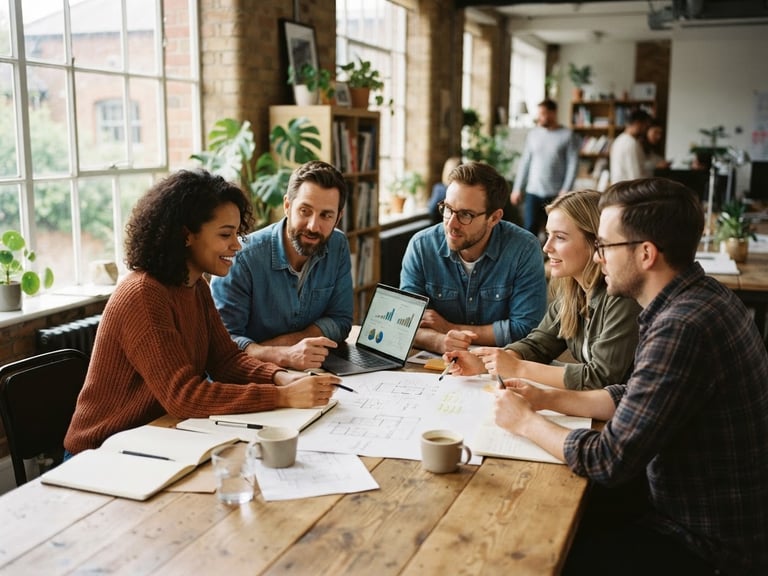 Warm editorial photography of a collaborative workspace with soft natural window light, team members discussing plans over a wooden table, shallow depth of field, 35mm