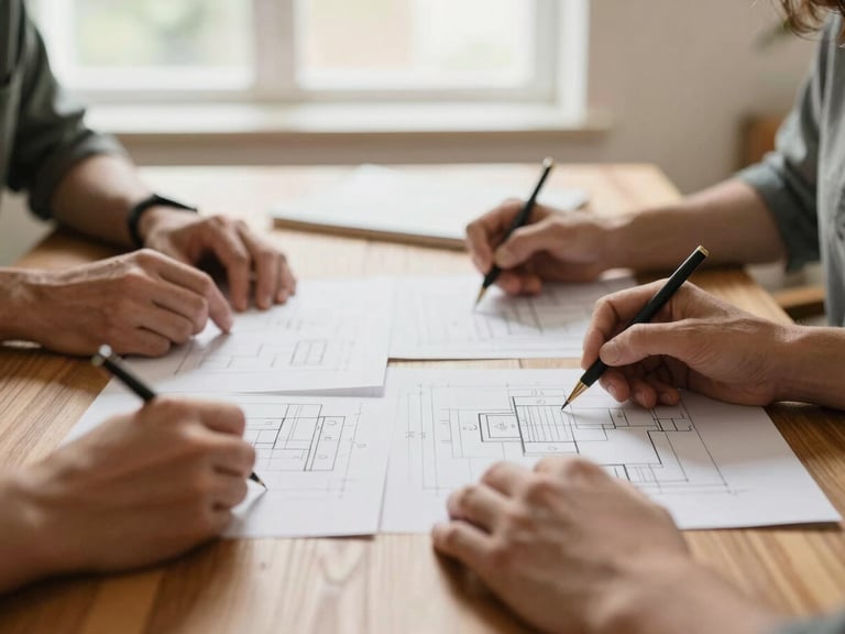 Hands planning workflow on a wooden table, warm natural light, soft focus, editorial style
