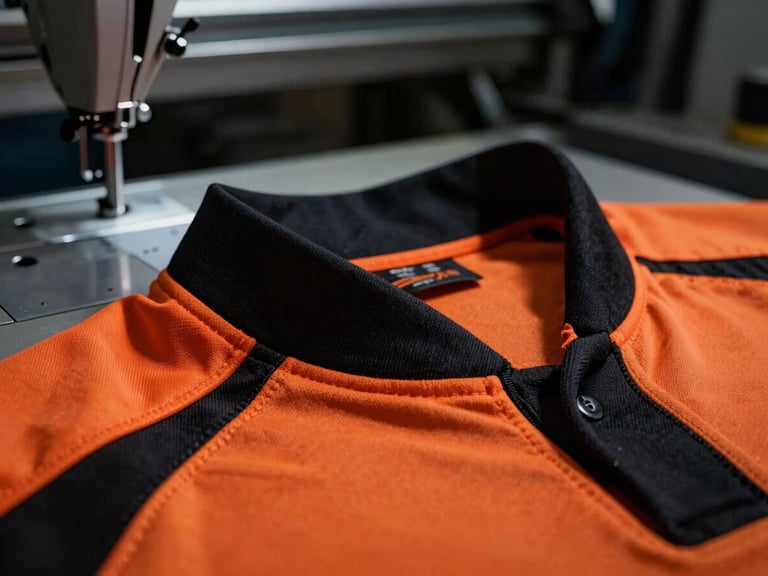 Low-angle shot of precise stitching detail on a black and orange athletic collar, industrial sewing line background, deep shadows, 35mm