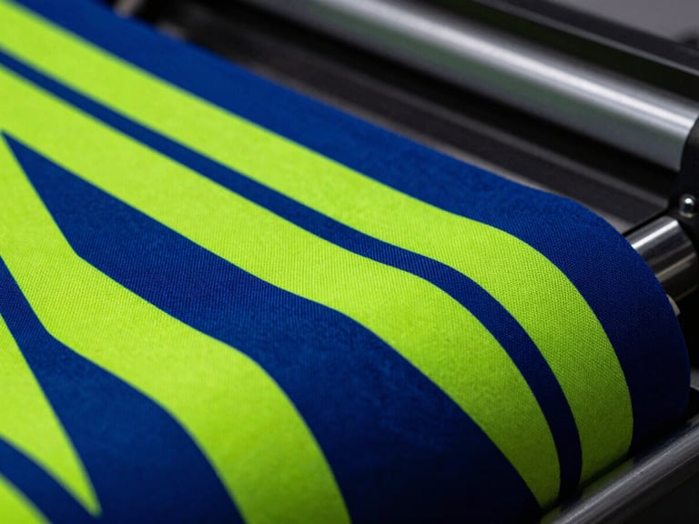 Macro close-up of a vibrant sublimated fabric roll with sharp geometric neon patterns, industrial heat press environment, dramatic side lighting, 35mm lens