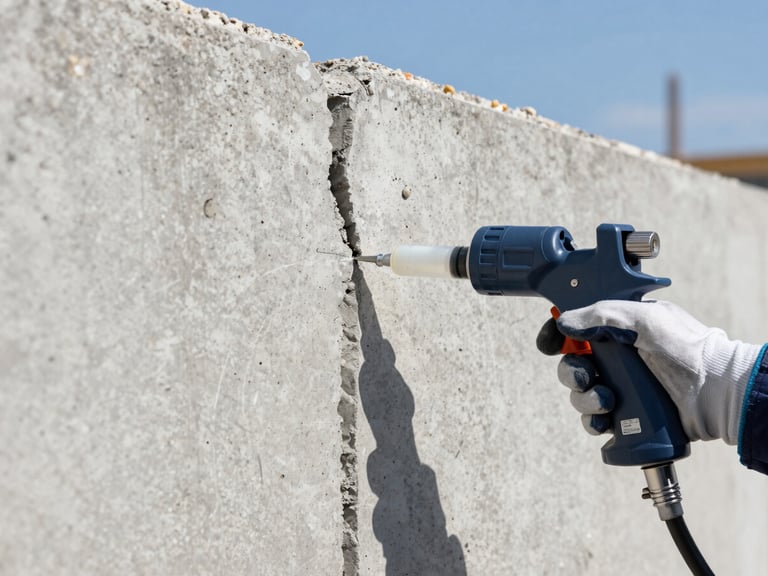 Close-up of a polymer injection gun sealing a crack in a concrete wall, technician's gloved hand, professional architectural photography, sharp focus