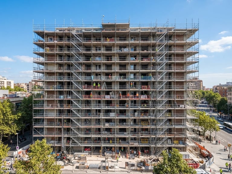 Wide shot of a multi-story residential building undergoing structural renovation, scaffolding neatly organized, clear blue sky, bright natural daylight.