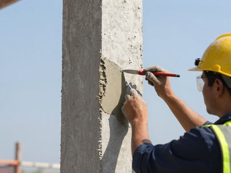 Close-up of a technician applying polymer modified mortar to an RCC column, safety gear visible, bright natural daylight, professional architectural photography, sharp focus