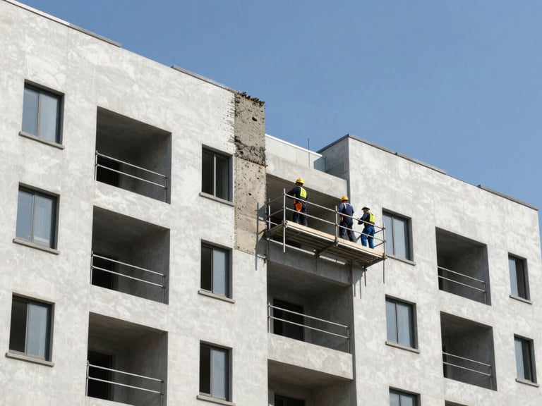 Technicians on scaffolding performing micro-concrete repair on a multi-story residential building, clear blue sky, professional architectural photography, sharp focus