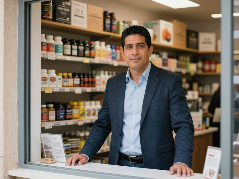 Portrait-style framing, natural daylight from a side window, a Latino business owner standing in front of the shelves of their small shop in Castellón — hands resting on the counter, direct eye contact with camera, products clearly visible behind them, warm indoor light, real commercial interior, no staged posing