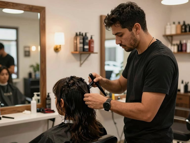 Interior of a Latin American hair salon, a stylist working on a client's hair under warm salon lighting, mirrors and product shelves visible in the background, natural light from a front window